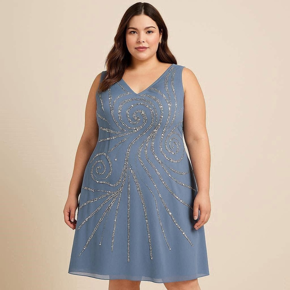 Lanting‎ Bride Women Blue Sequin Beaded Sleeveless V-Neck Midi Shift Dress Plus